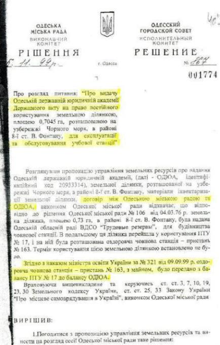Разрешение одесского городского совета на пользование ОНЮА участка на 8 станции Большого фонтана - Одесский Политикум