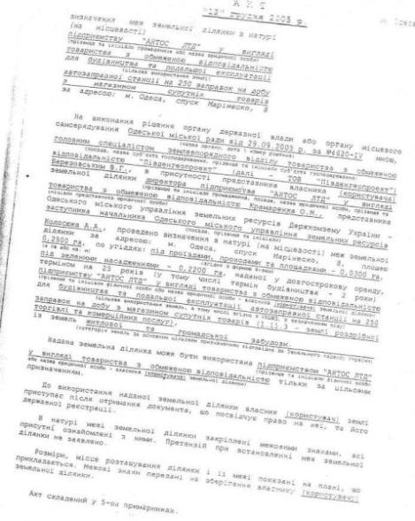 Решение о выделении предприятию "АНТОС ЛТД" земельного участка в Херасонском сквере (спуск Маринеско)